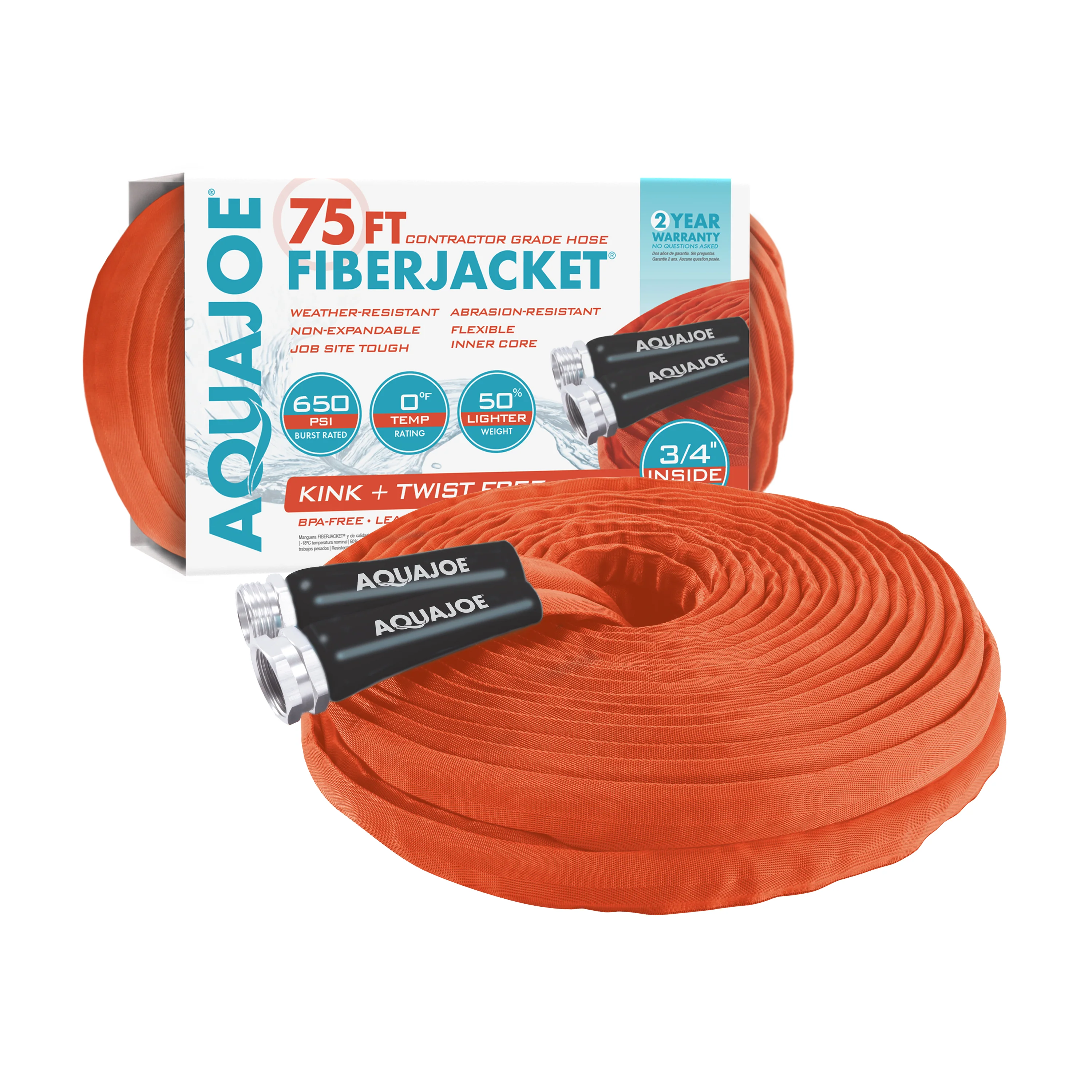 Aqua Joe Non-Expanding Kink-Resistant Contractor Grade FiberJacket Garden Hose | 75-Ft | 3/4-in | 650-PSI BURST (Orange) - Image 12