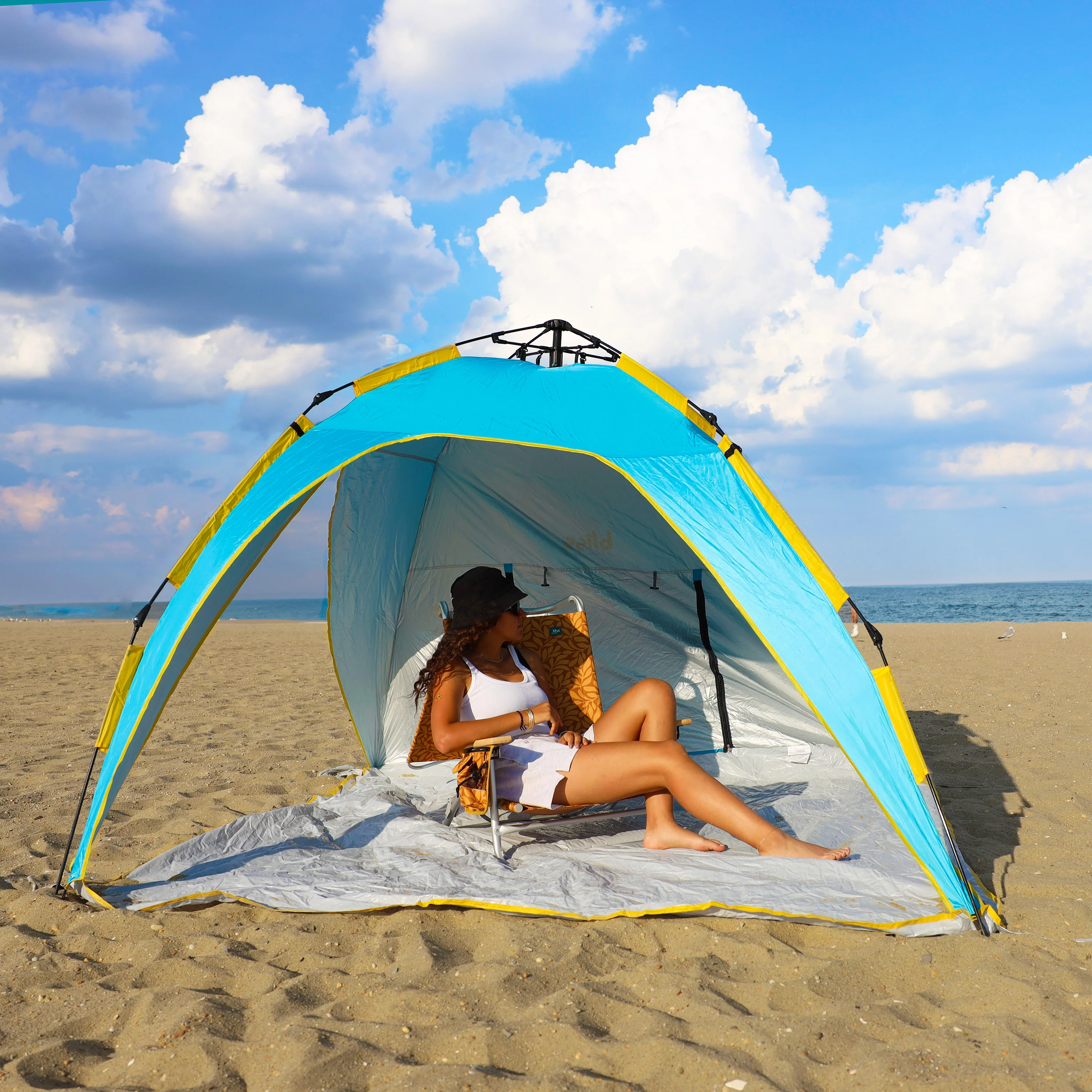 Bliss Hammocks BHT-A39-BY Pop-Up Beach Tent W/ Carry Bag | Sun Protectant & Wind Resistant, Durable, Breathable Mesh Walls | Collapsible Design (Blue & Yellow) - Image 3
