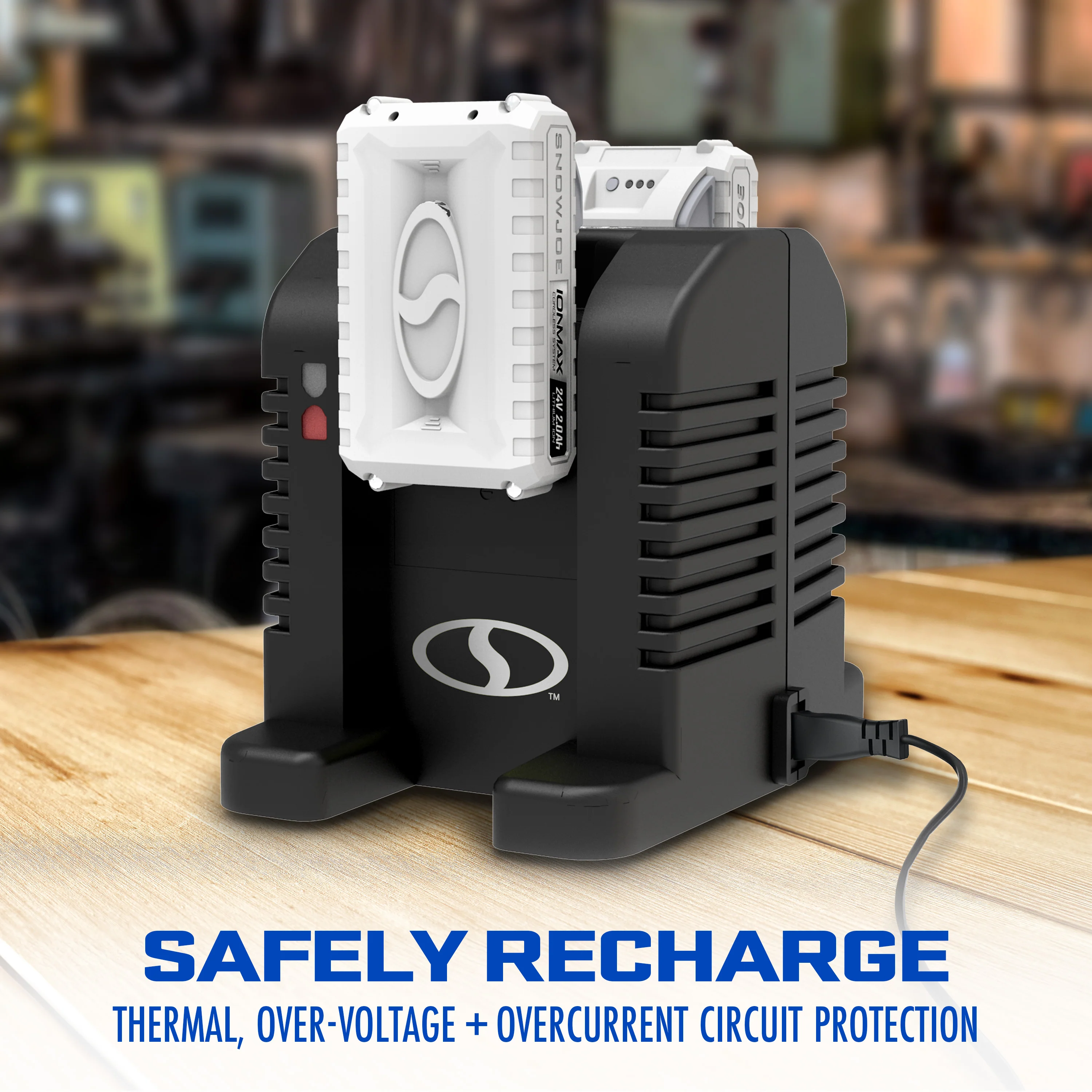 Snow Joe + Sun Joe CERTIFIED AUTHENTIC 24V IONMAX Dual Port High Speed Charging Docking Station for iBAT24 and 24VBAT Series Batteries | 260-Watt Input | 26-Volt Output - Image 9
