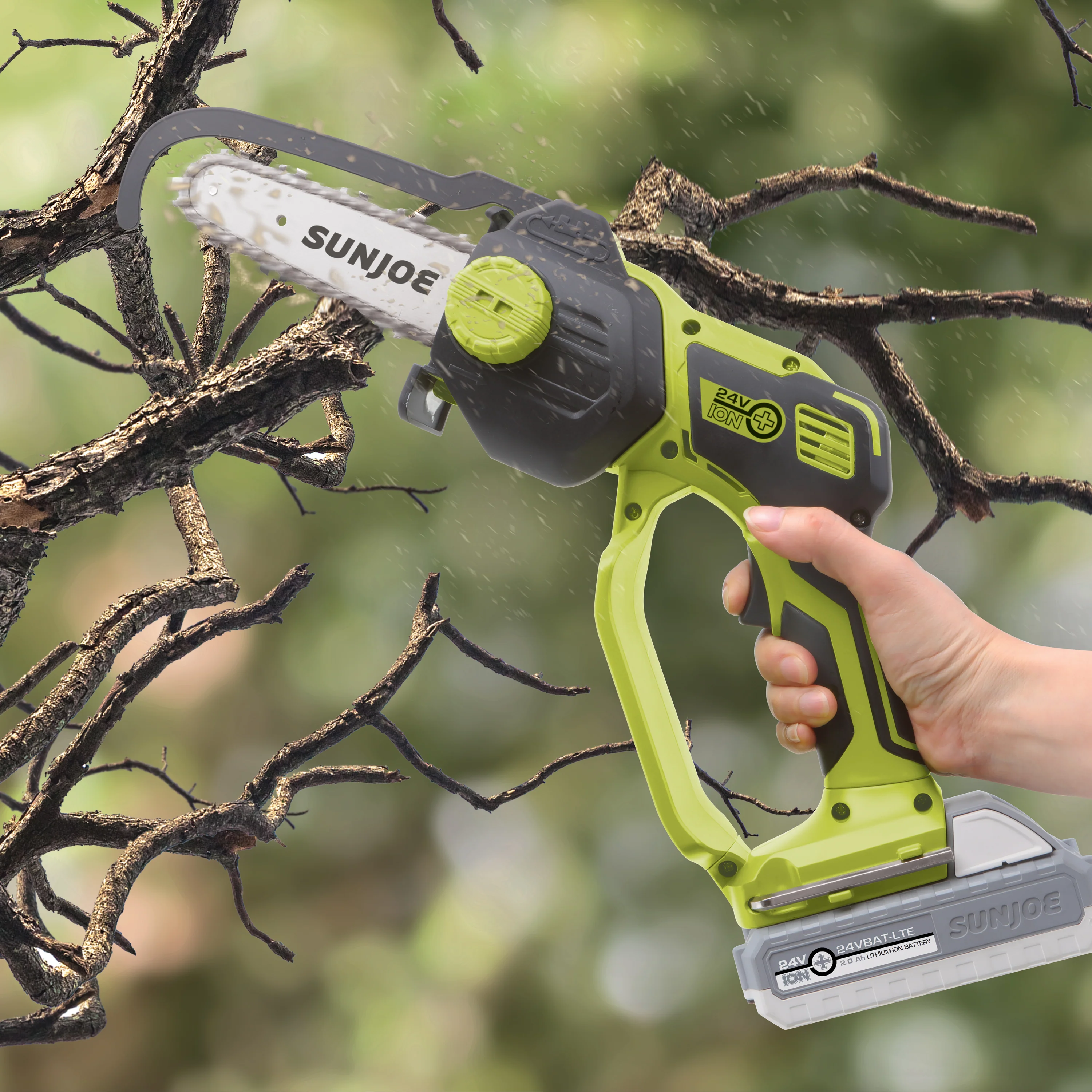Sun Joe 24-Volt* IONMAX Cordless Handheld Chainsaw W/ Bonus Chain | 5-inch Pruning Saw Kit | W/ 2.0-Ah Battery + Charger - Image 13
