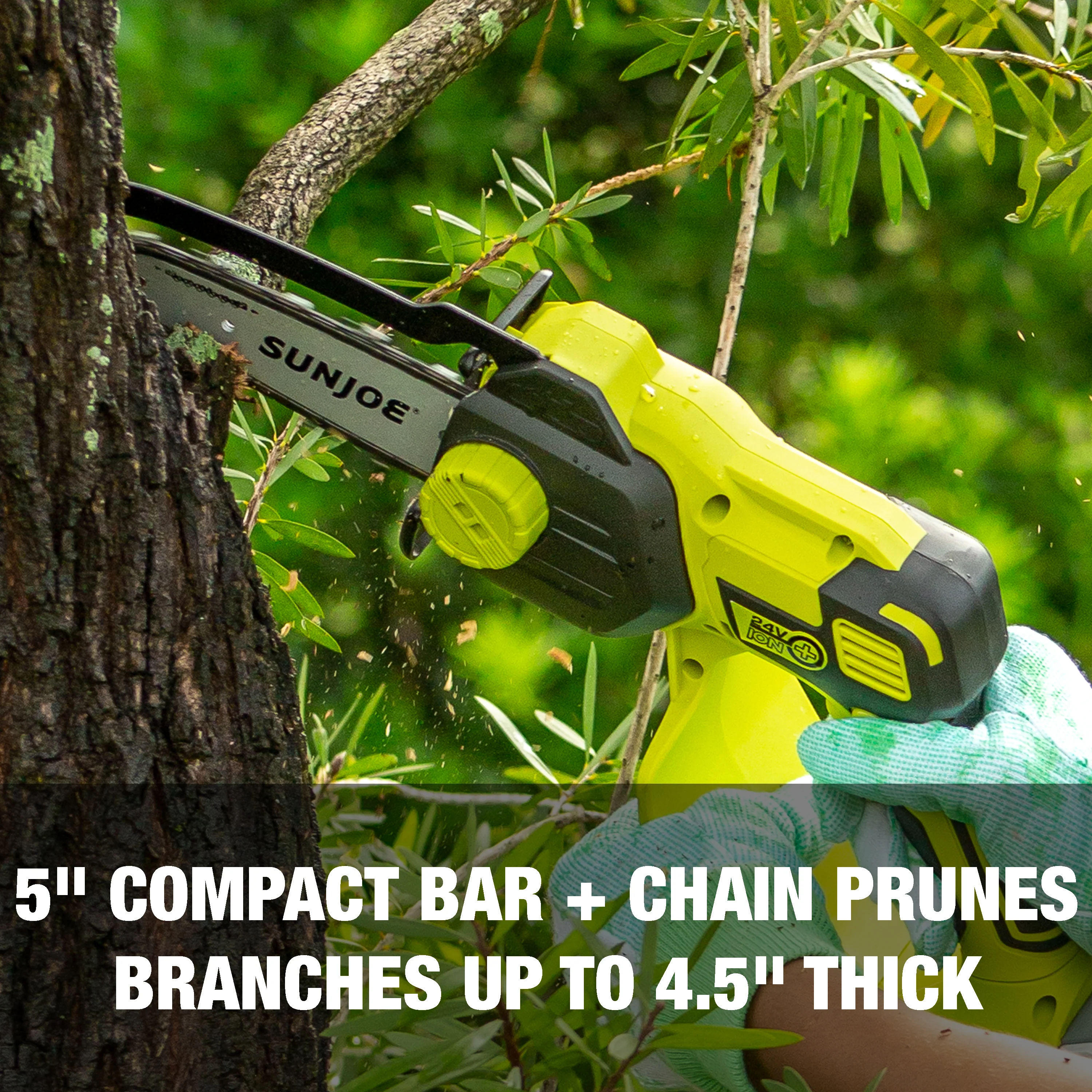 Sun Joe 24-Volt* IONMAX Cordless Handheld Chainsaw W/ Bonus Chain | 5-inch Pruning Saw Kit | W/ 2.0-Ah Battery + Charger - Image 6