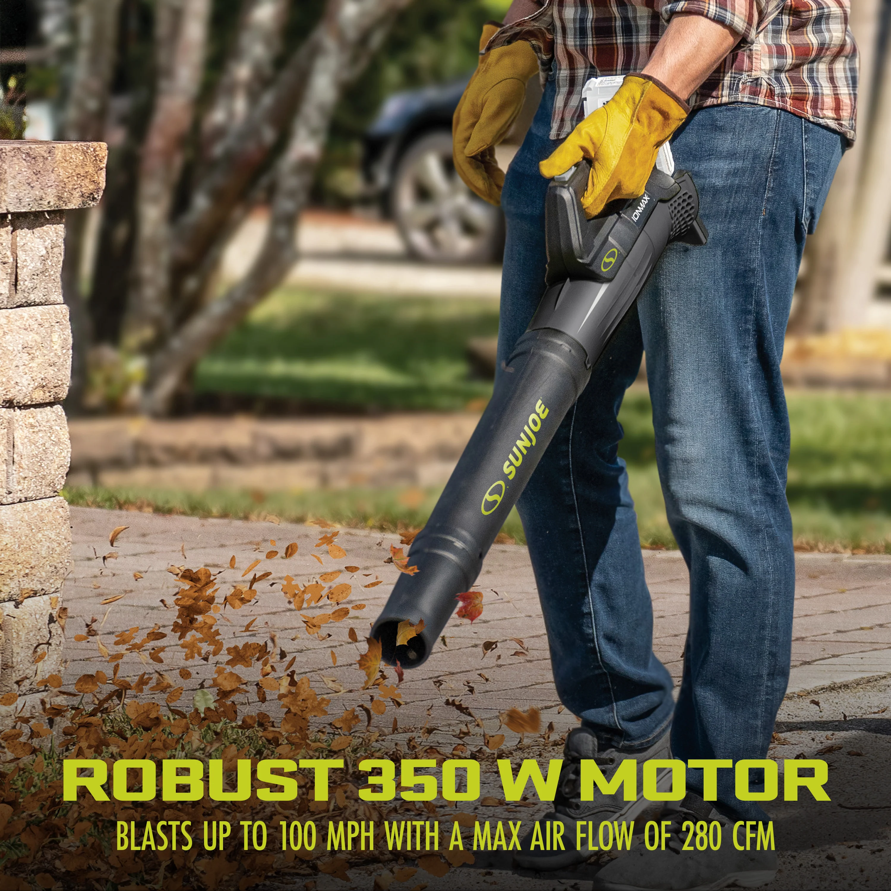 Sun Joe 24-Volt* IONMAX Cordless Compact Turbine Jet Blower | 100-MPH | 280-CFM | W/ 2.0-Ah Battery + Charger - Image 3