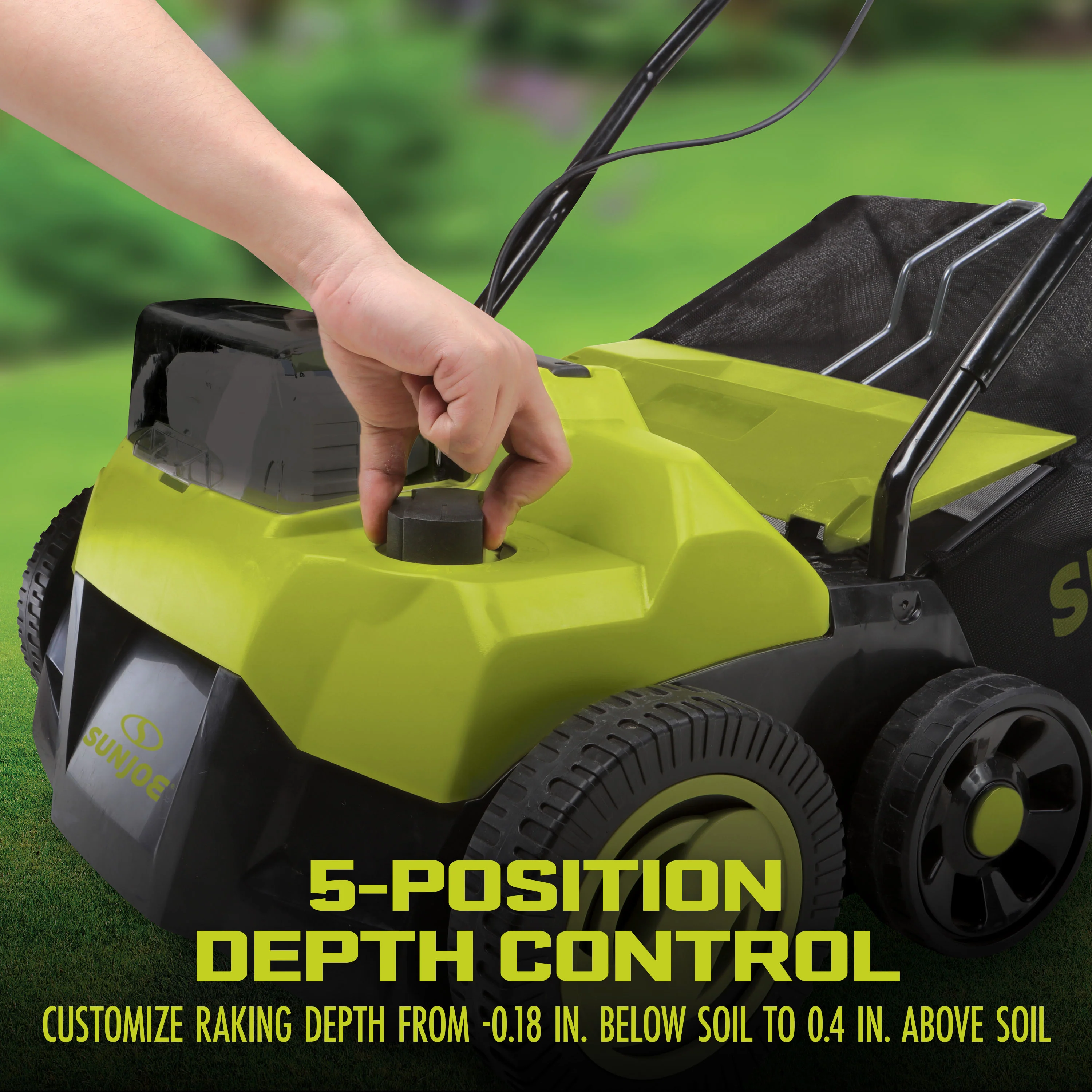Sun Joe 48-Volt* IONMAX Cordless Scarifier + Dethatcher | 5-Depth Positions | 15-inch | Brushless Motor | W/ 2 x 4.0-Ah Batteries + Charger - Image 6