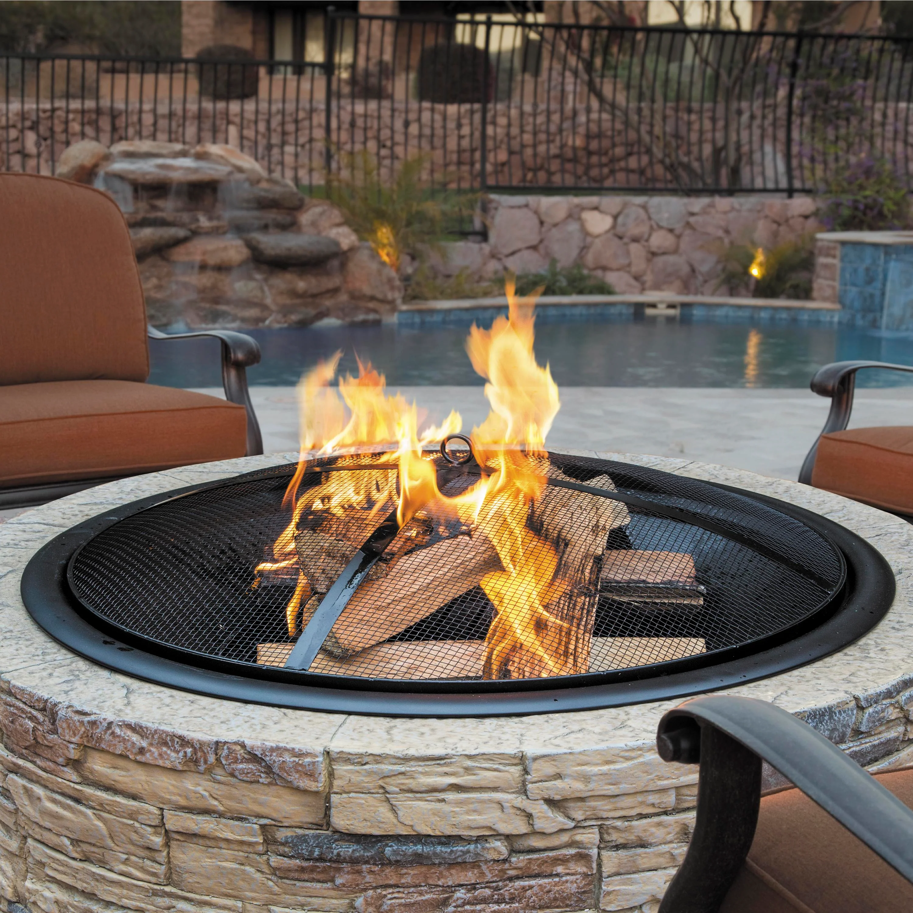 Sun Joe SJFP35-STN 35-In. Cast Stone Base, Wood Burning Fire Pit W/ Dome Screen and Poker, Natural Stone - Image 4
