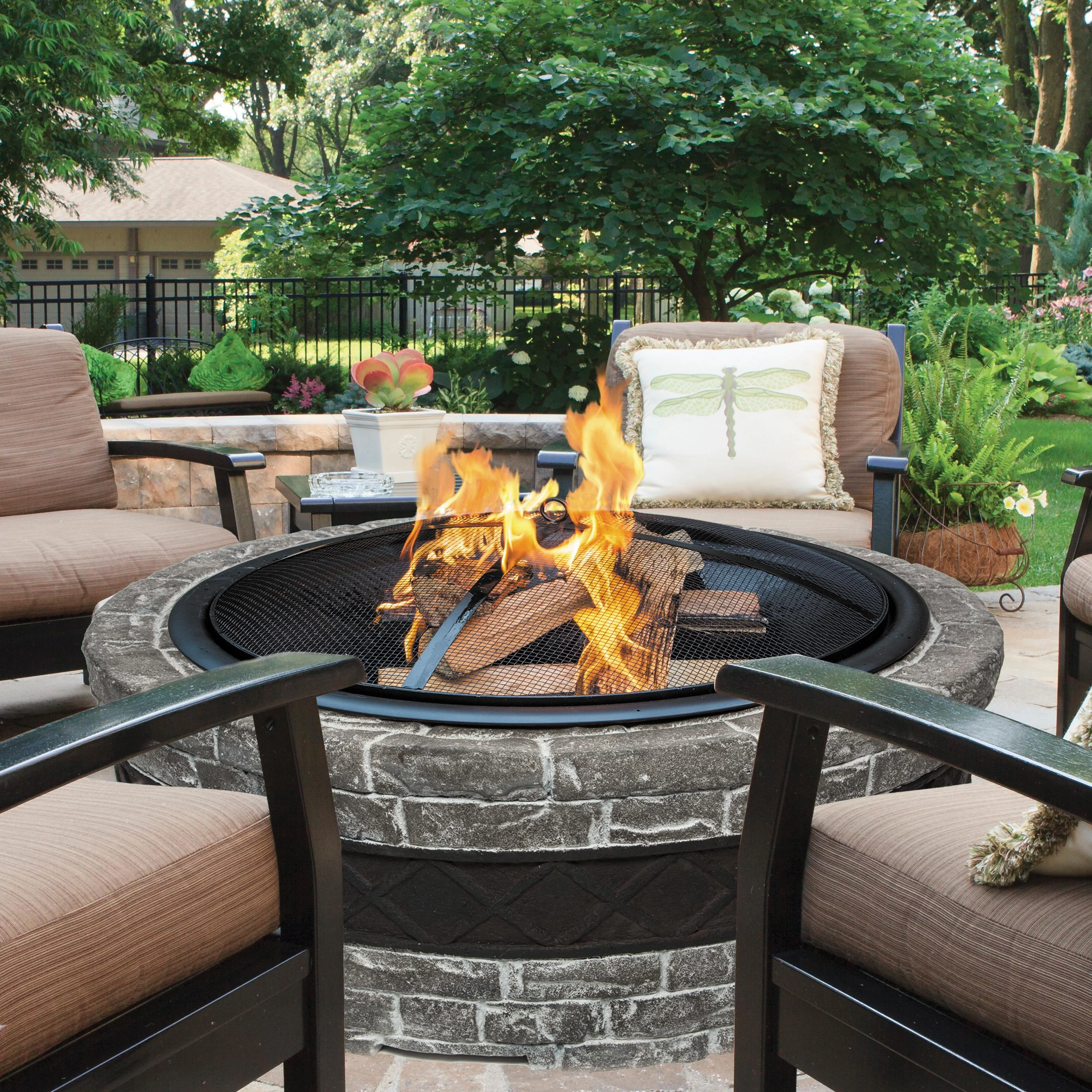 Sun Joe SJFP35-CS-STN 35-Inch Cast Stone Base, Wood Burning Fire Pit w/Dome Screen and Poker, Charcoal Stone - Image 3