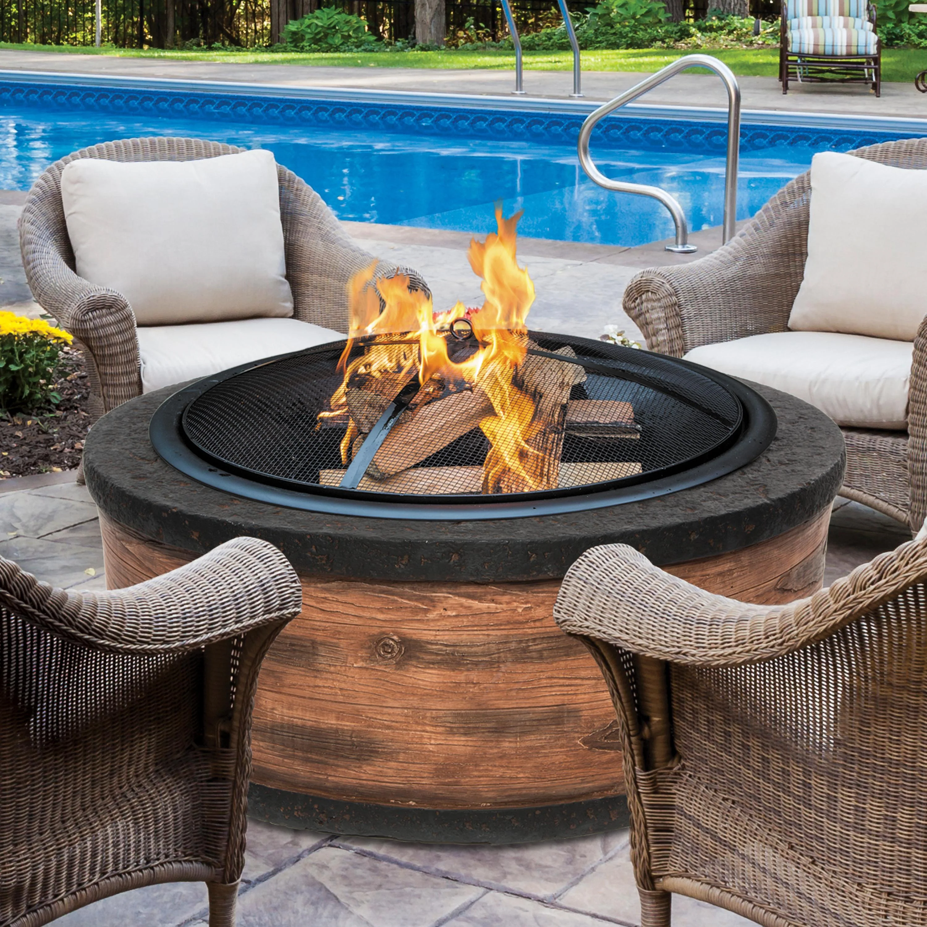 Sun Joe SJFP35-RW-STN 35-Inch Cast Stone Base, Wood Burning Fire Pit w/Dome Screen and Poker, Rustic Wood - Image 3