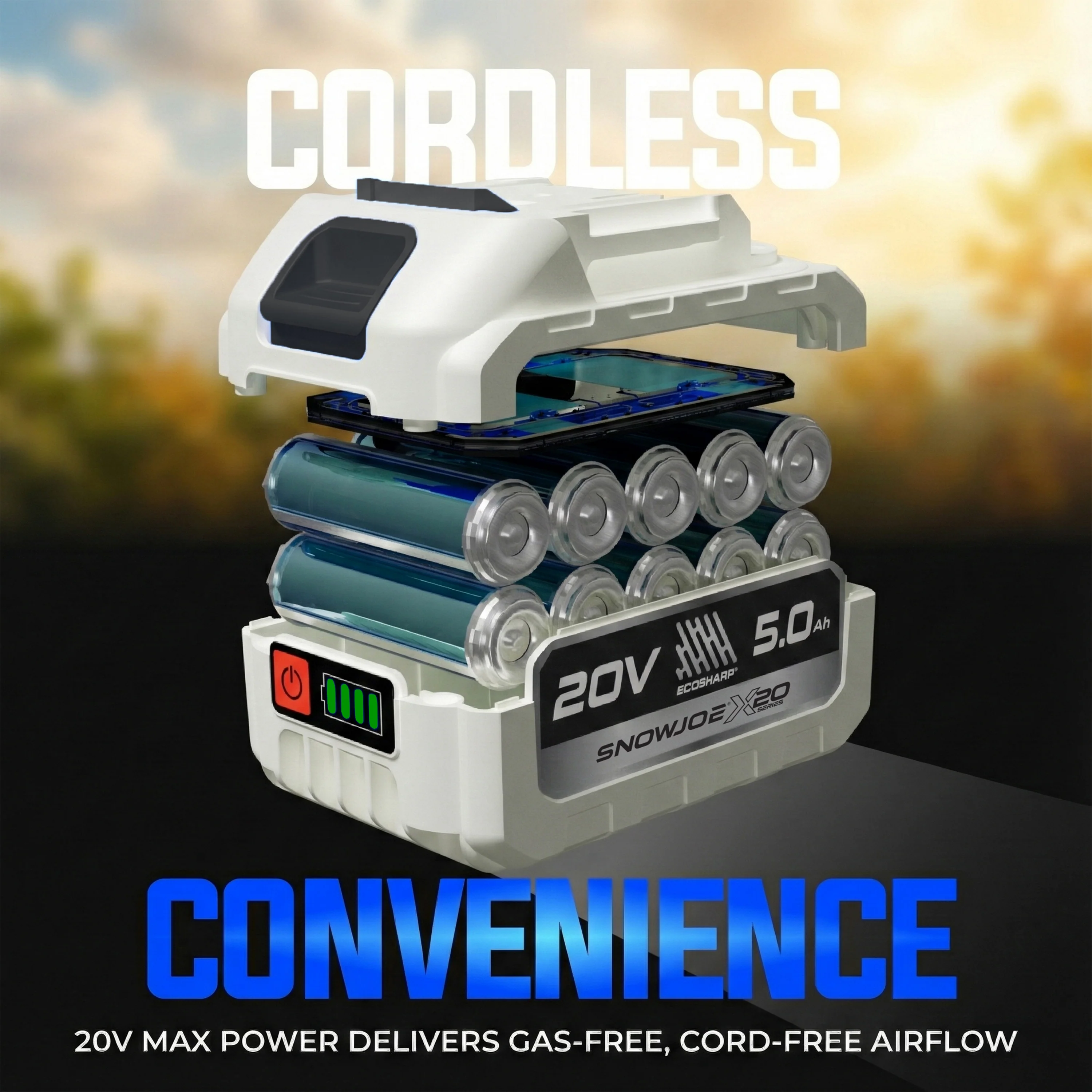 Sun Joe 20-Volt ECOSHARP Cordless X20 StormJet Handheld Turbo Blower  | 40 CFM | 5.0-Ah Battery + Charger (Blue) - Image 10