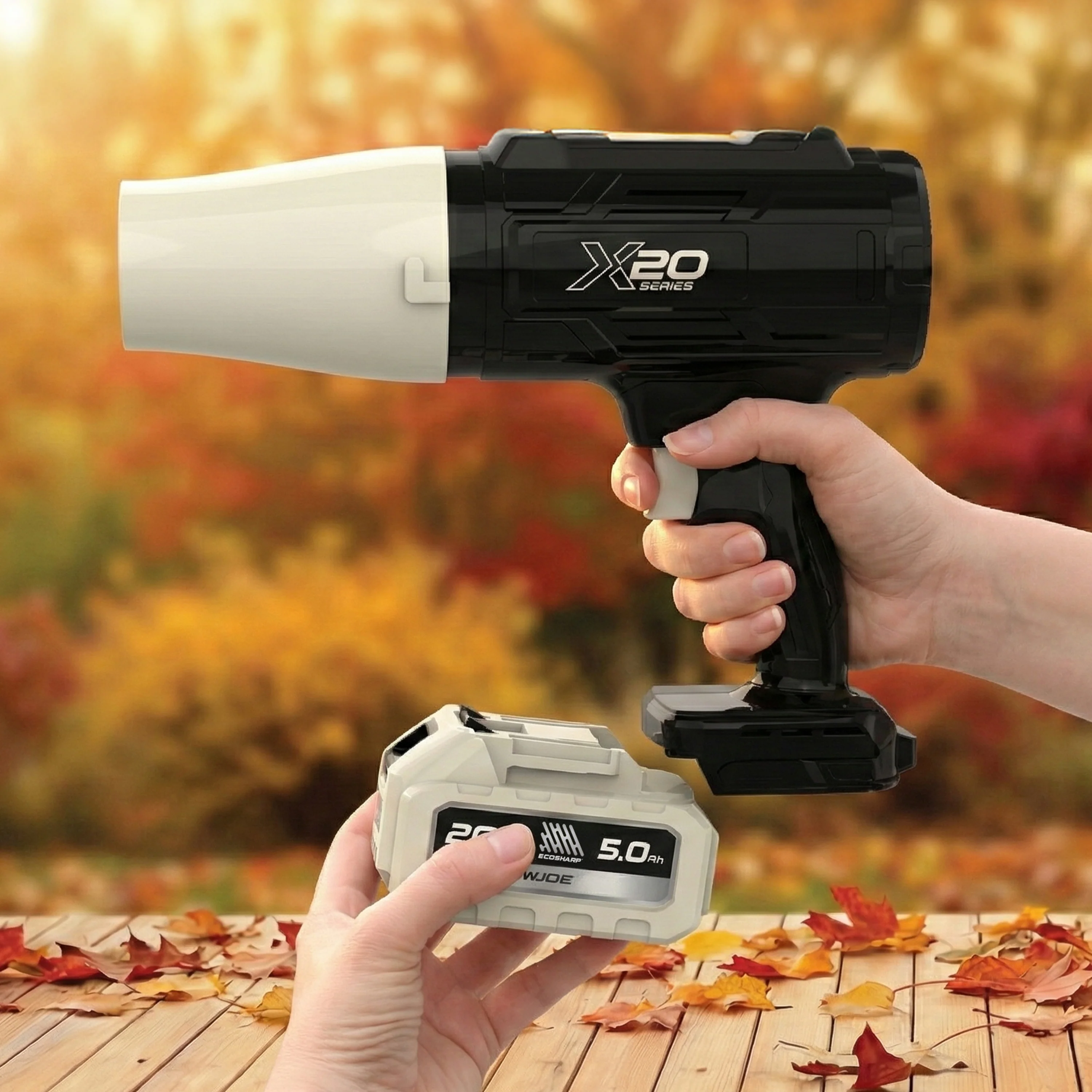 Sun Joe 20-Volt ECOSHARP Cordless X20 StormJet Handheld Turbo Blower  | 40 CFM | 5.0-Ah Battery + Charger (Blue) - Image 14