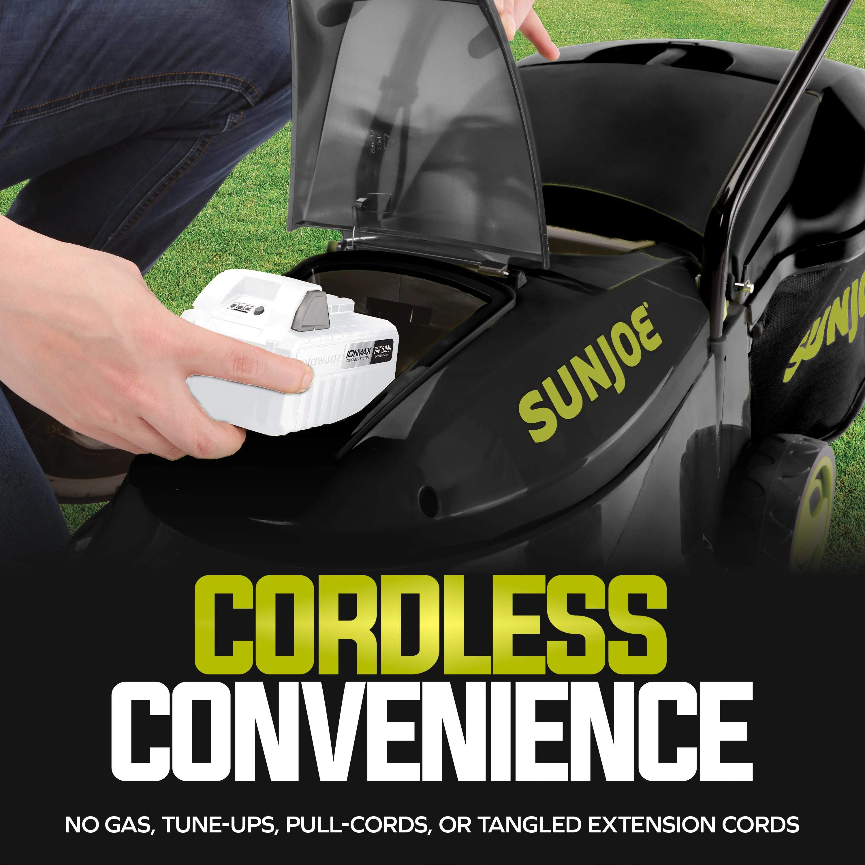 Sun Joe 24-Volt* IONMAX Cordless Brushless Lawn Mower Kit | 14-inch | W/ 5.0-Ah Battery + Charger - Image 4