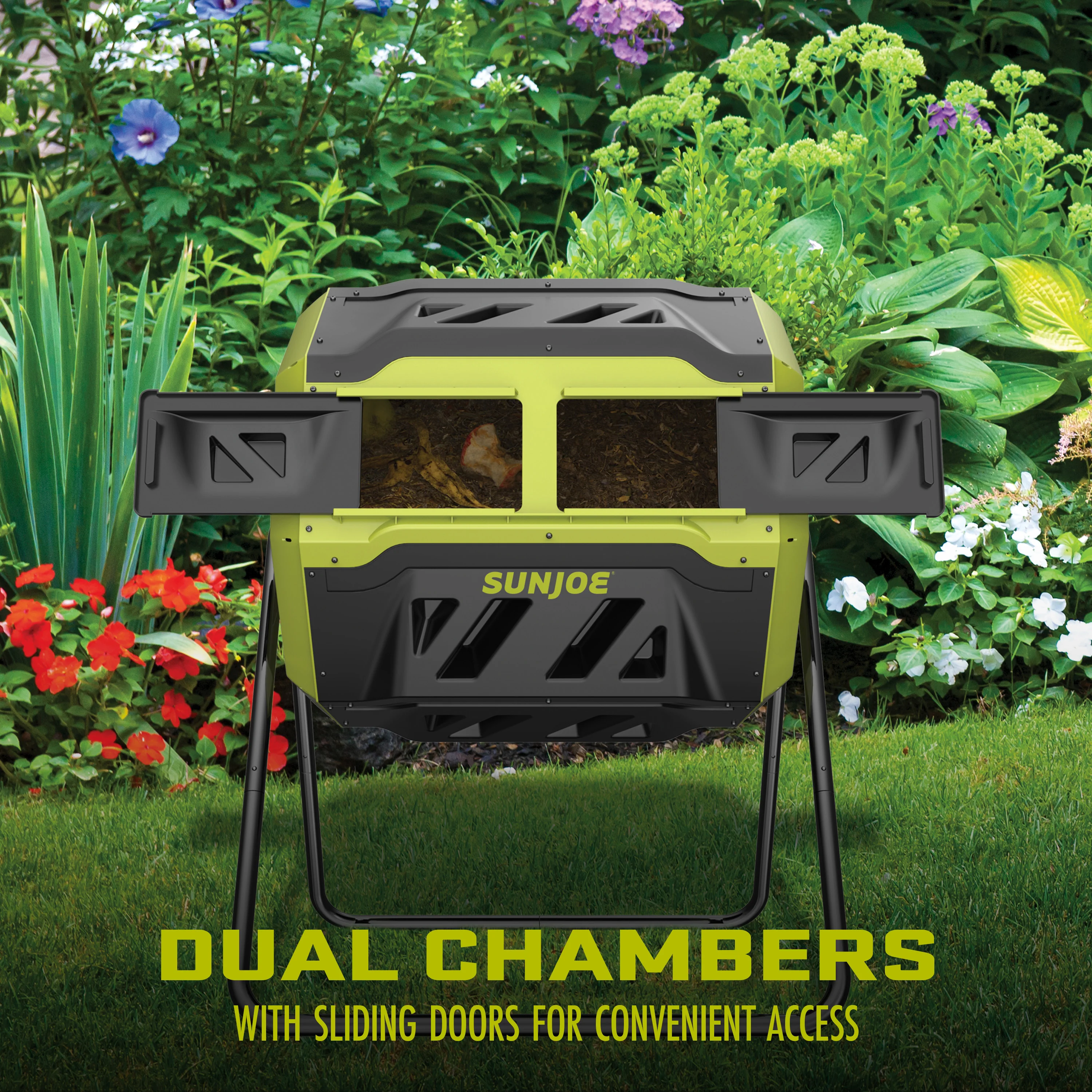 Sun Joe All-Season Outdoor Tumbling Composter | Dual Sliding Chamber | 42-Gallon | 2-10 Weeks - Image 4