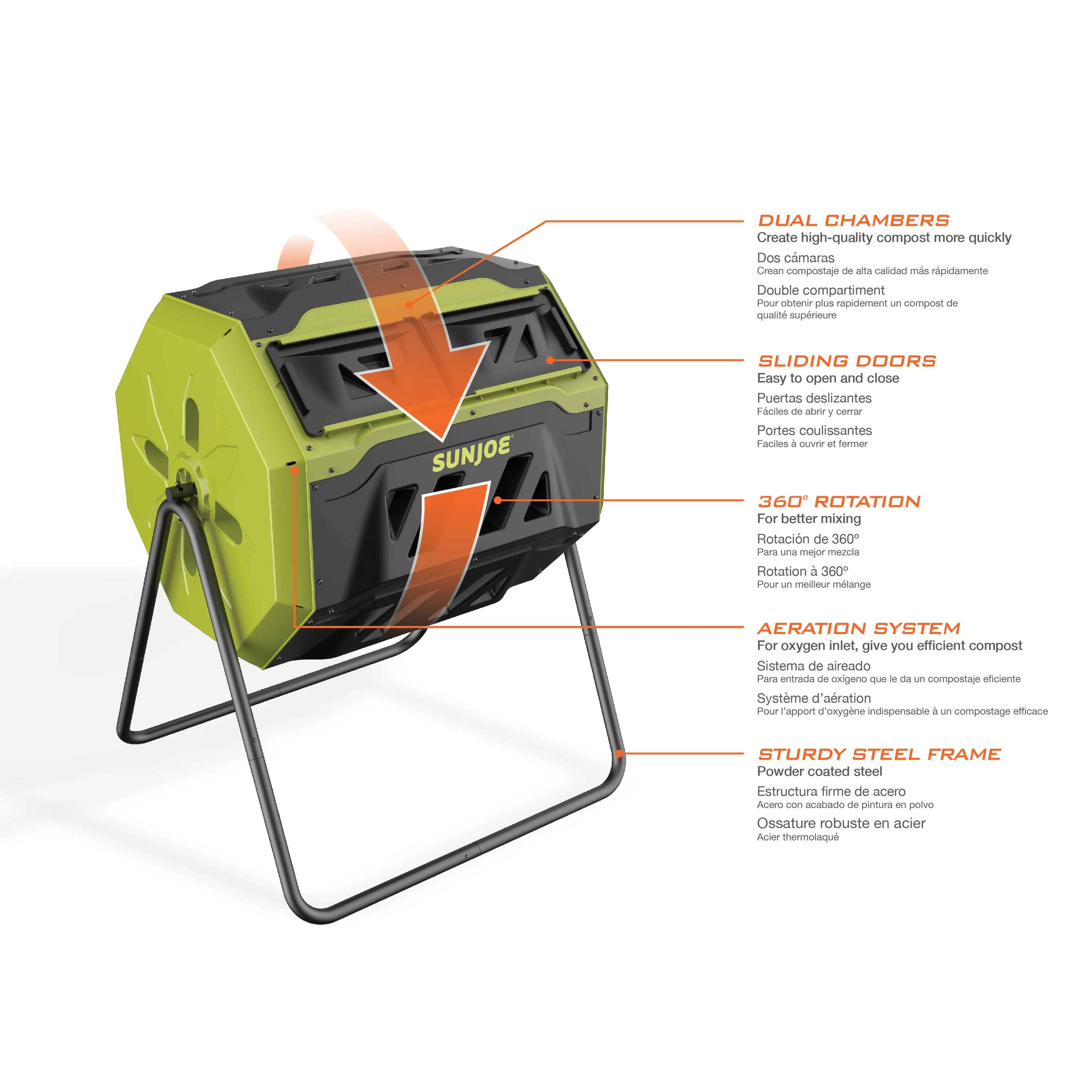 Sun Joe All-Season Outdoor Tumbling Composter | Dual Sliding Chamber | 42-Gallon | 2-10 Weeks - Image 7