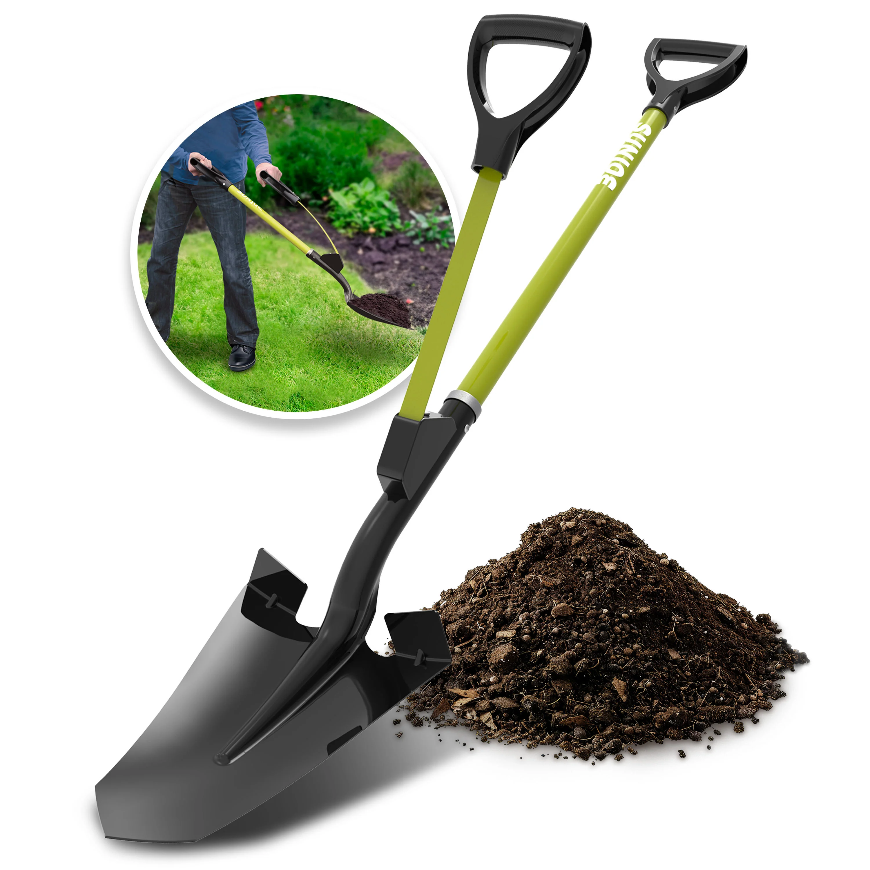 Sun Joe Shovelution Strain-Reducing Spear Head Digging Garden Shovel | Patented Shovelution Auxiliary Handle | 9-in Steel Head (Green) - Image 7